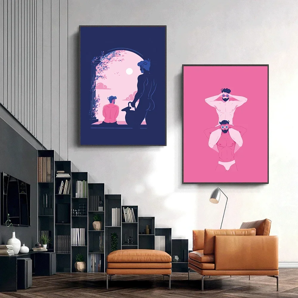 Nordic Cartoon Gay Couple Bathe in the Moonlight/Hugging Love Poster Canvas Painting HD Printed Wall Art Pictures Home Decor