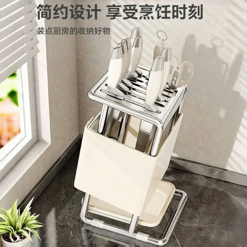 Kitchen countertop rotating knife holder multifunctional tool drain stainless steel integrated tool holder storage rack
