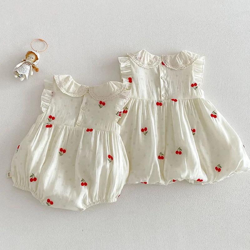 2026 Summer Baby Dress 9M-4T Sweet Cartoon Cherry Baby Girls Sleeveless Dress Loose Thin Children Lace Clothes