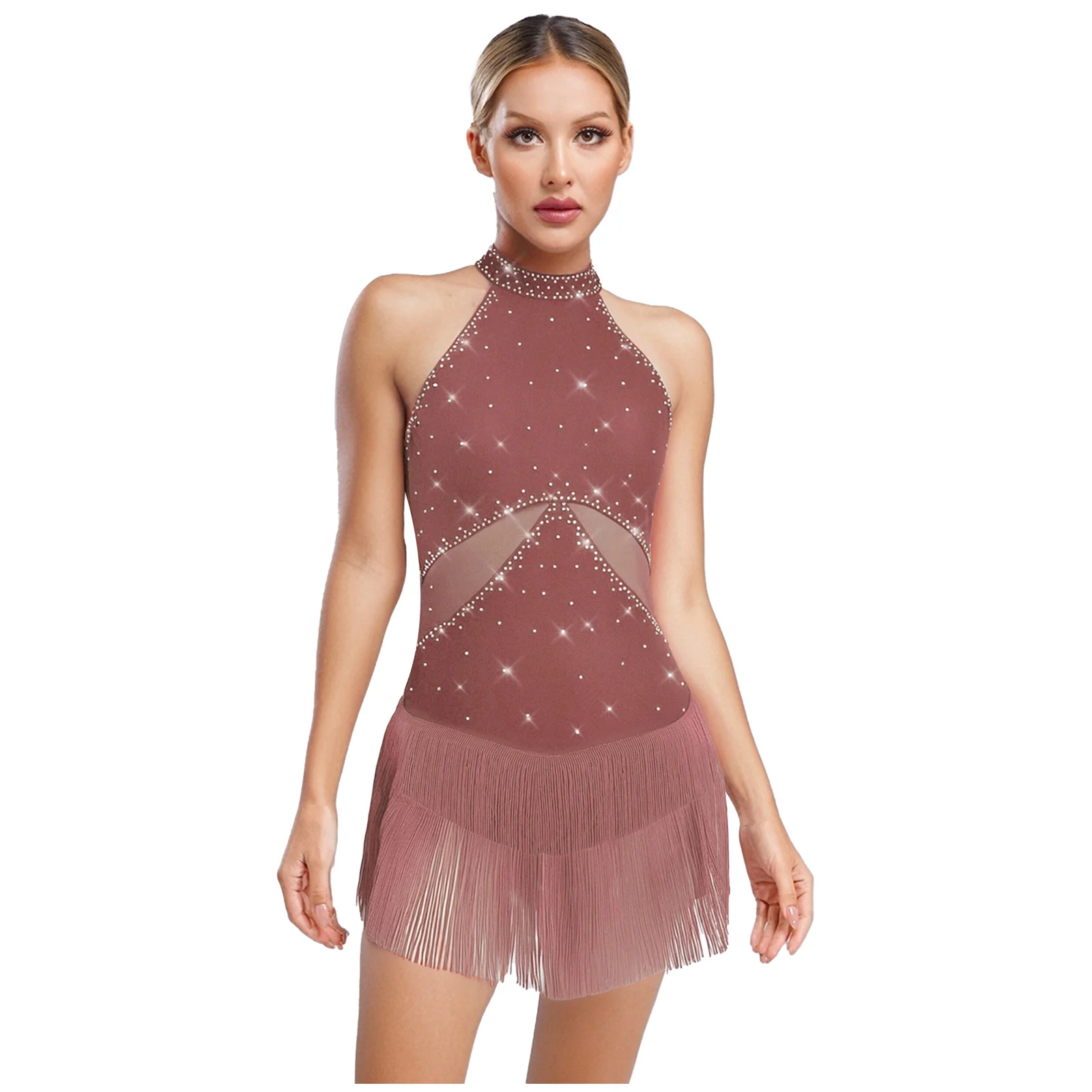 

Women's Latin Jazz Stage Dance Performance Costumes Dress Shiny Fringe Bodysuit for Latin Samba Rumba Warm-up Dancing Outfits