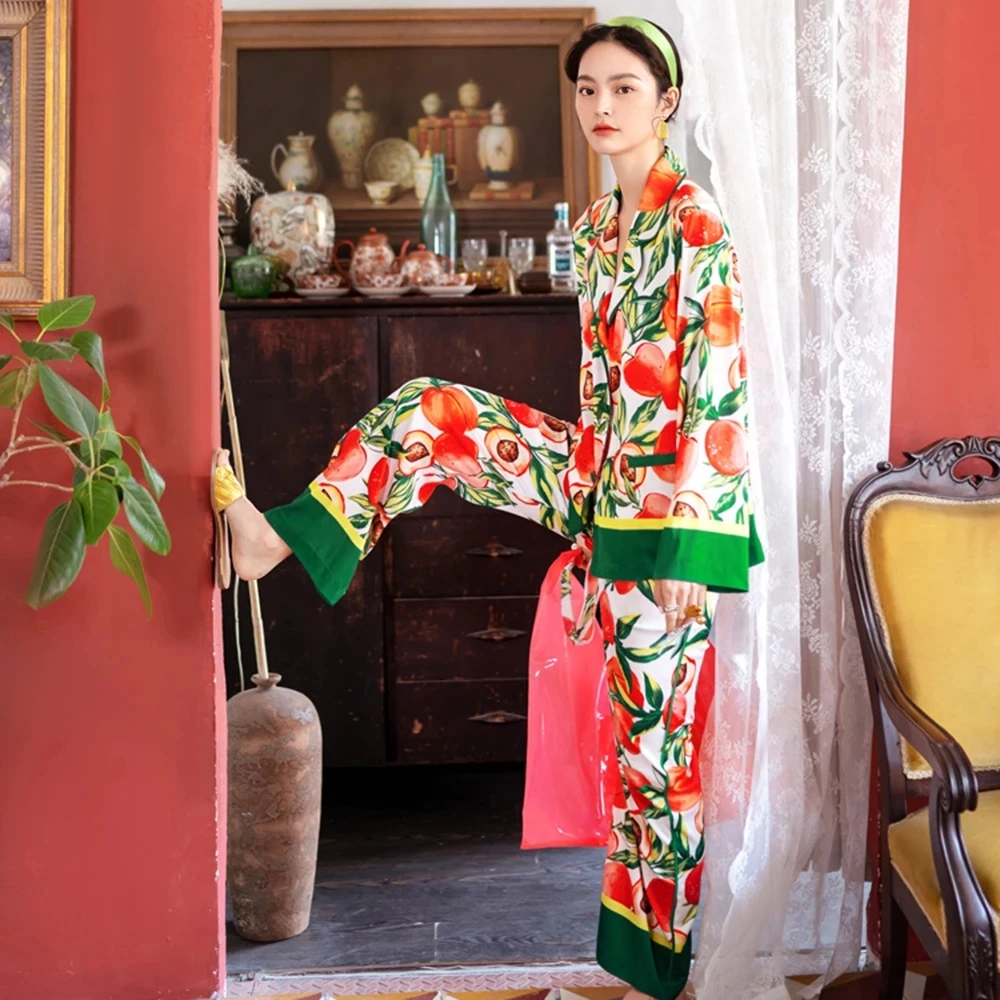 2024 Spring Autumn Turn-down Collar Tropical Printed Silk Satin Pajamas Set Sleepwear Loungewear for Women Pyjama Femme 2 Pieces