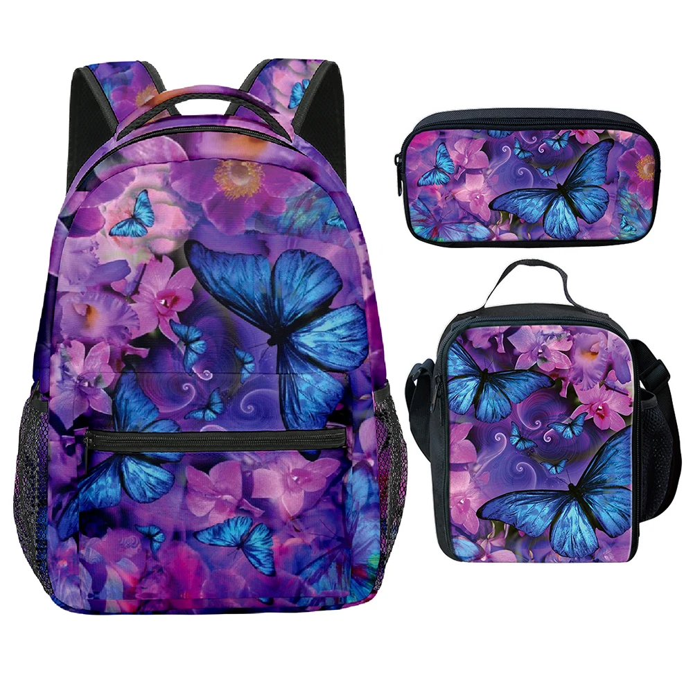 Trendy Youthful Beautiful butterfly 3D Print 3pcs/Set School Bags Laptop Daypack Backpack Crossbody Lunch bag Pencil Case