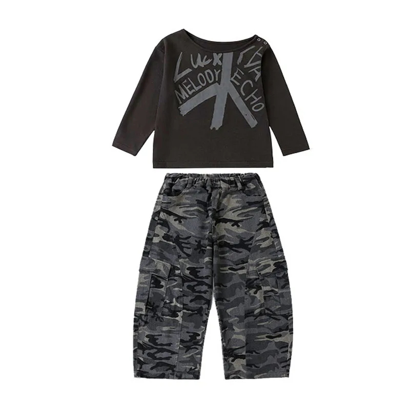 طفل Kpop الهيب هوب الملابس القهوة المنحدر الكتف تي شيرت كامو عادية الشارع البضائع السراويل الفضفاضة للفتيات أزياء رقص الملابس #5