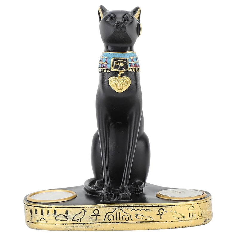 Ancient Egypt Egyptian Bastet Cat Goddess Statue Collectible Figurine Bastet Cat Sculpture with 2 Tea Light Candle Holder