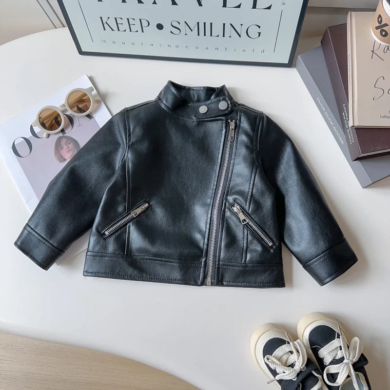 

Girls' Leather Jacket Top Spring Autumn New Fashionable Korean Style Long Sleeve Leather Coat for Baby Girls