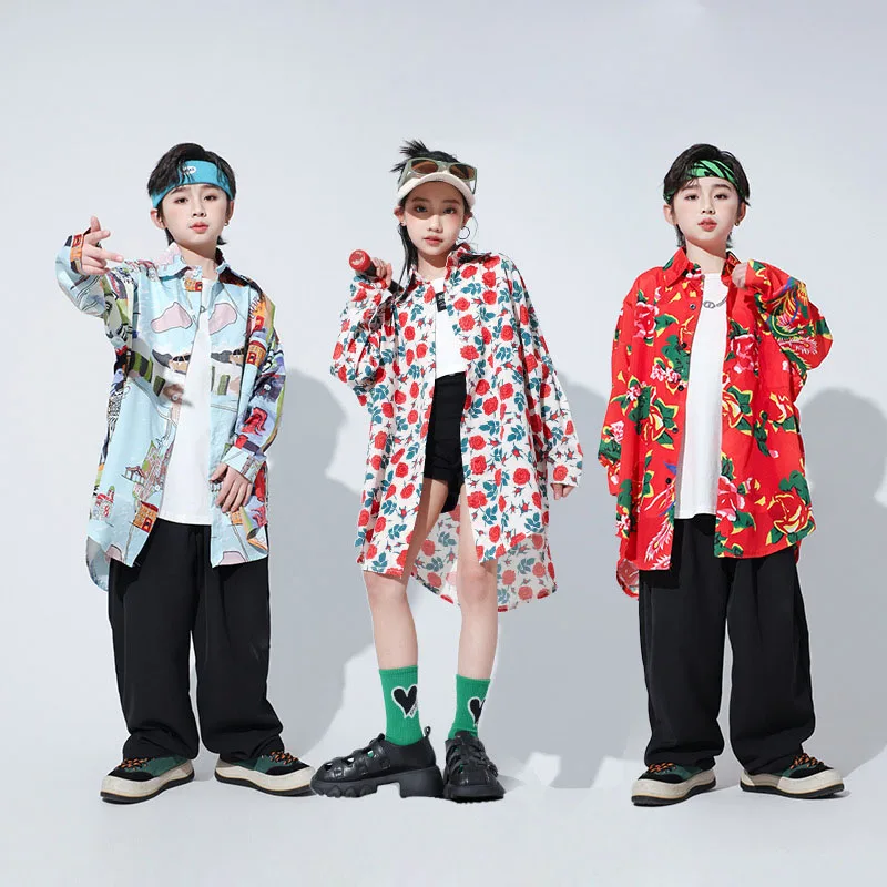 

Kid Hip Hop Clothing Print Oversized Long Sleeve Shirt Top Black Casual Pants Tie Shorts for Girl Boy Jazz Dance Costume Clothes