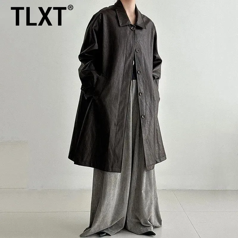 

TLXT модная женская элитная винтажная ветровка из искусственной кожи, осенний новый универсальный однобортный плащ средней длины с лацканами