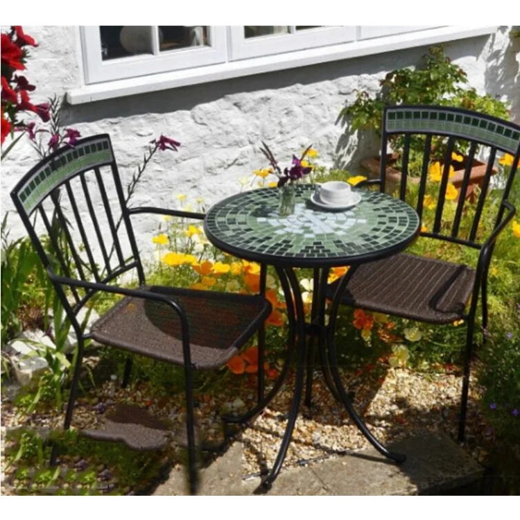 

3pcs Outdoor Set Table Wicker Furniture Garden Rattan Chair Deck Mosaic Round Table Bistro Set