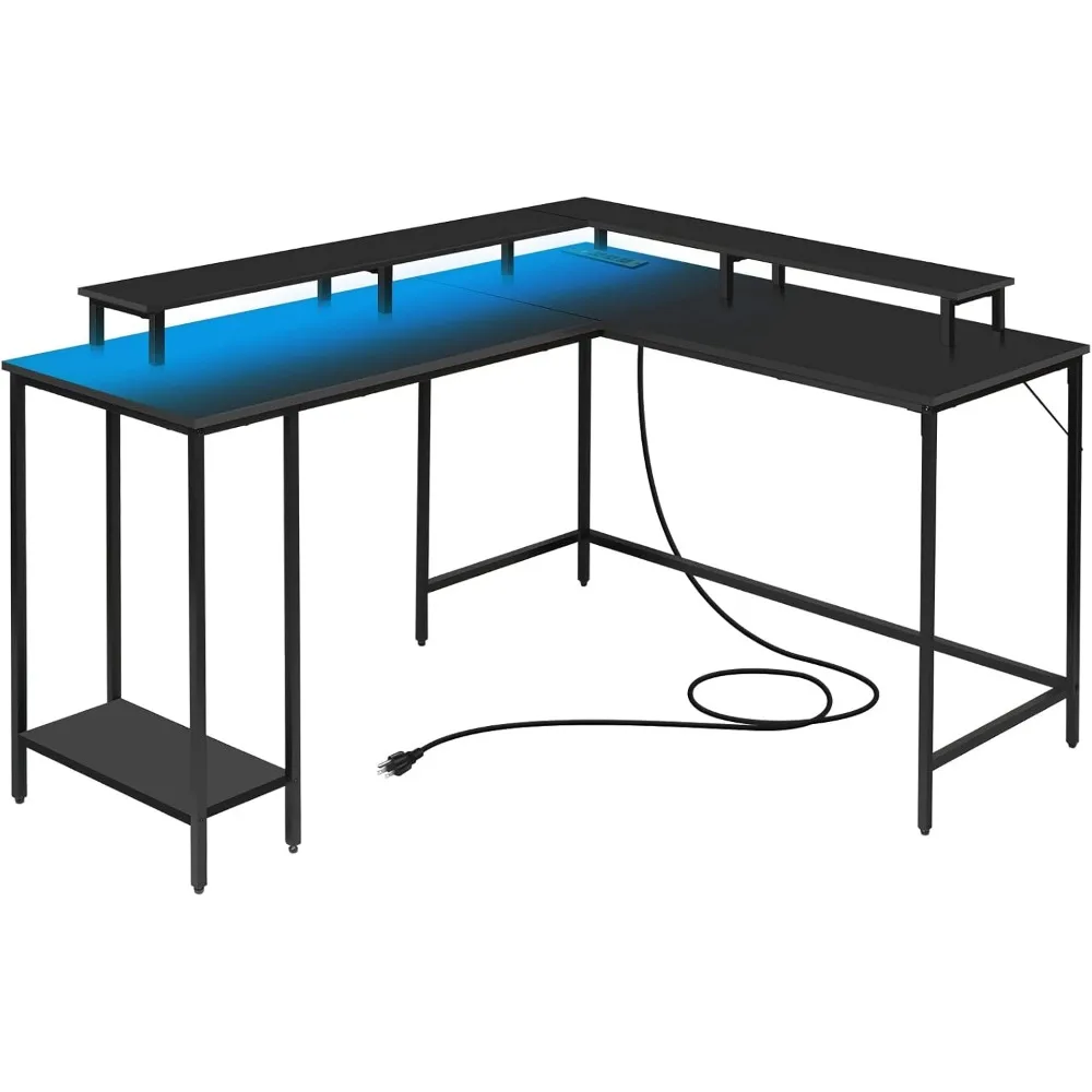 Premium L Shaped Computer Desk with LED Lights and Power Outlet, Reversible Corner Office Desk with Monitor Stand, L Shaped Gami