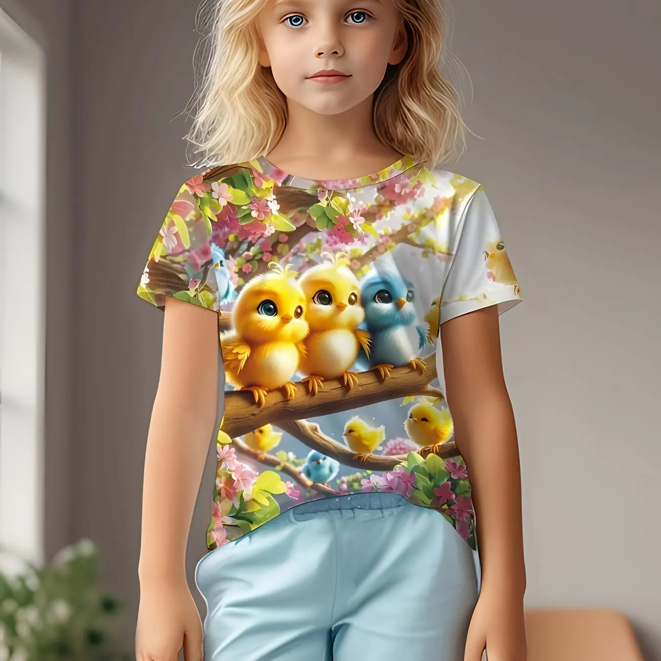 Abbigliamento per bambini t-shirt da ragazza t-shirt per bambini a maniche corte Cartoon Bird Print Creative o-collo top abbigliamento estivo per bambini