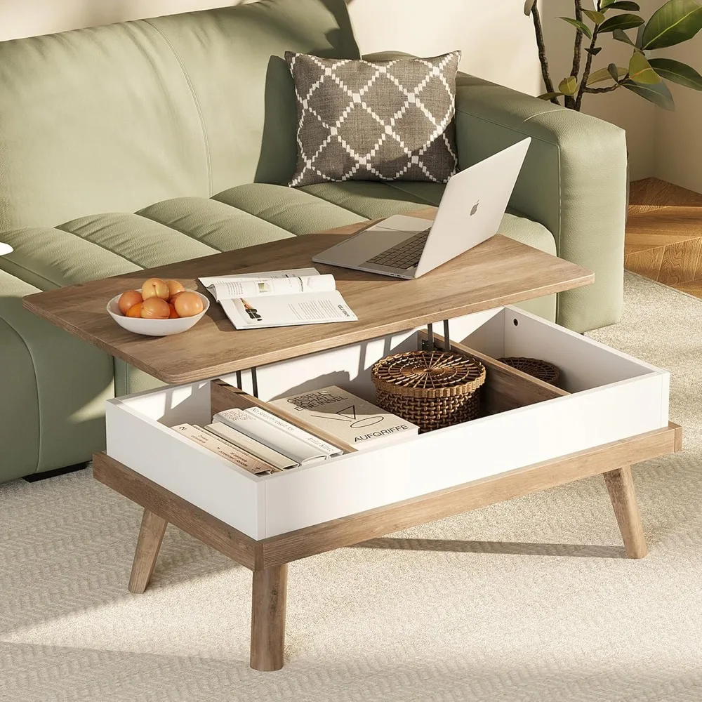 

Wood Coffee Table, Lift Top Coffee Table with Hidden Compartment, Living Room Reception Room, 39.4in L, Ivory