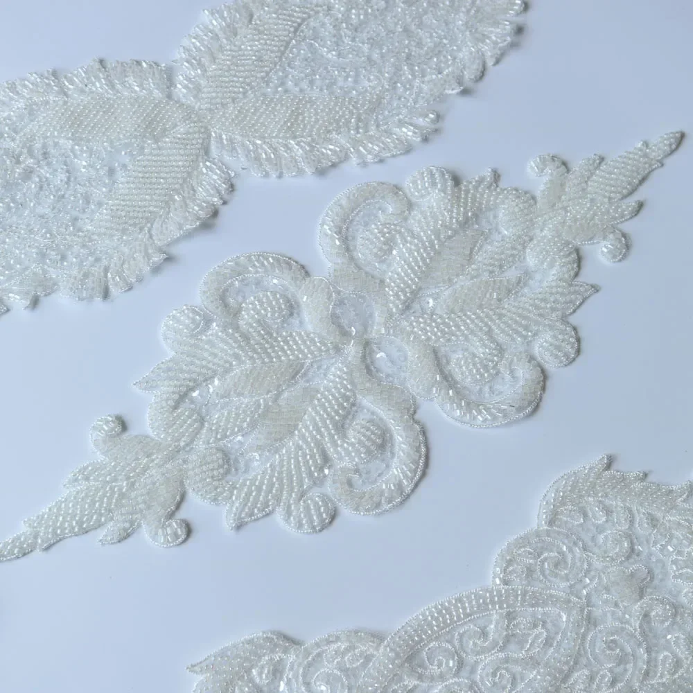 DIY luxury beaded embroidery lace appliques for wedding dresses Rhinestone lace applique patches Embroidery lace parches ropa