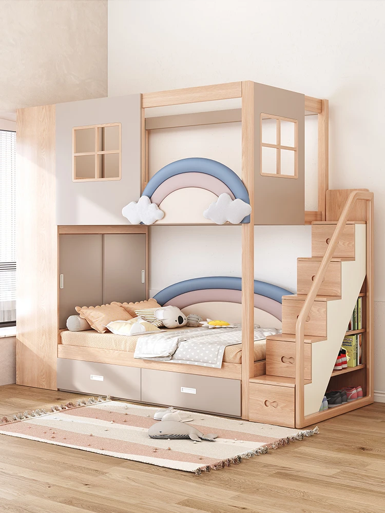 Tempat Tidur Tingkat Putri Pelangi dari Kayu Solid yang Dapat Disesuaikan, Desain Lubang Pohon, untuk Kamar Tidur Anak atau Apartemen