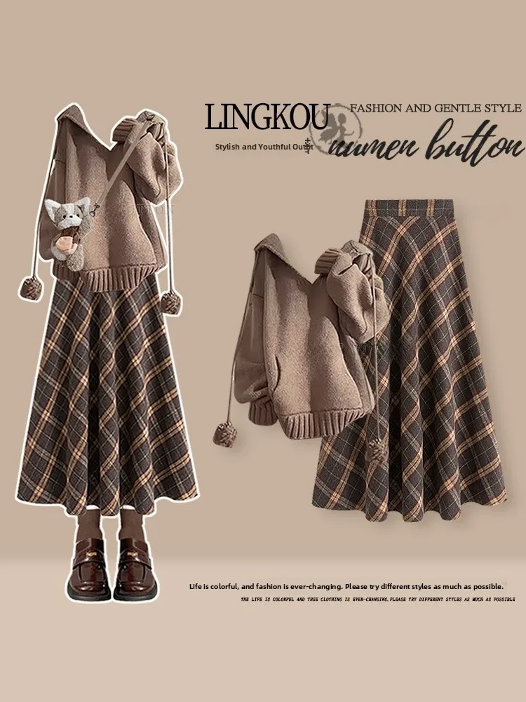 

Fashionable Large Size Autumn Set Women's Hoodie Slimming Vintage Plaid Skirt Two-Piece Set Youthful V-Neck Loose Fit