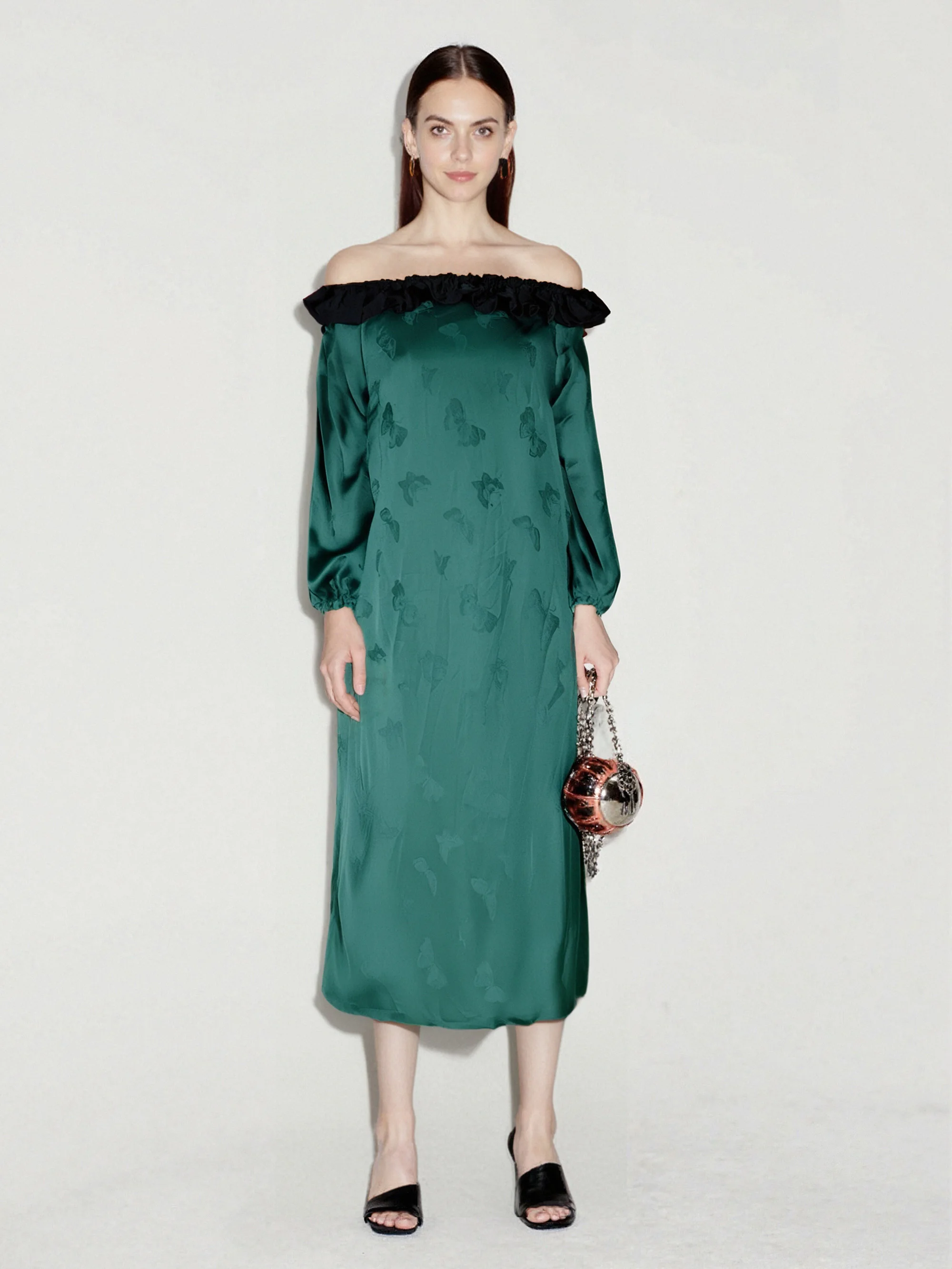 Elegante Vestido Verde de Manga Larga, Corte Holgado, Un Hombro Descubierto, Estilo Chino, Nueva Colección de Otoño de LASS LIZ para Damas, Ropa de Noche