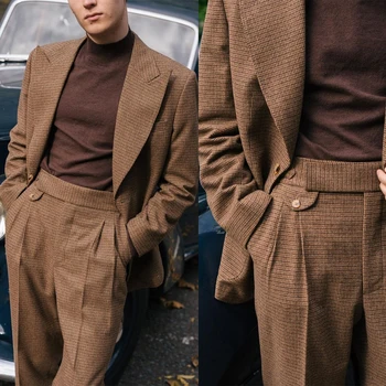 ผู้ชายสีน้ำตาลชุด Tailor-Made 2ชิ้น Blazer กางเกงเดียว Breasted กว้าง Lapel ลายสก๊อตงานแต่งงาน Plus ขนาดปรับแต่ง
