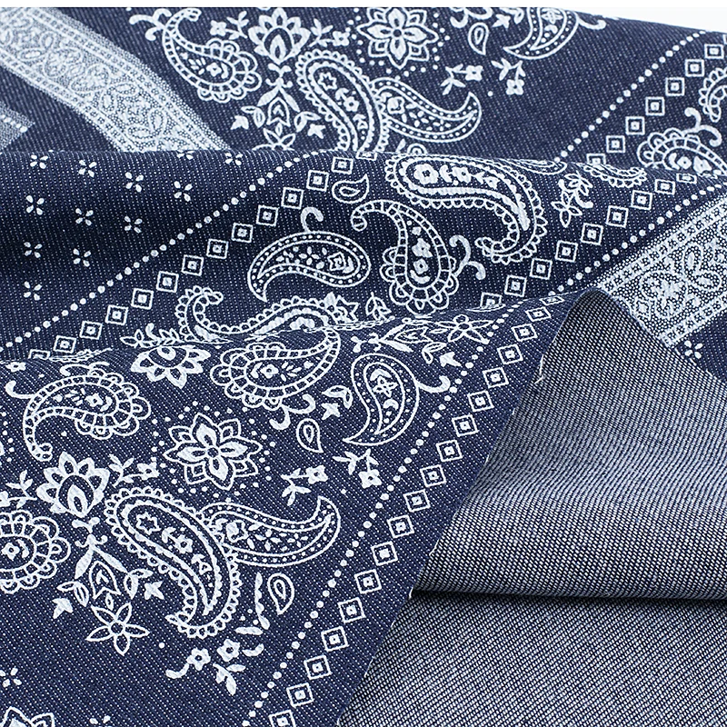 Blue Cashew Flower Ethnic Print Denim Fabric Washed Thick Material Handmade Jacket Pants Clothing Design Fabric