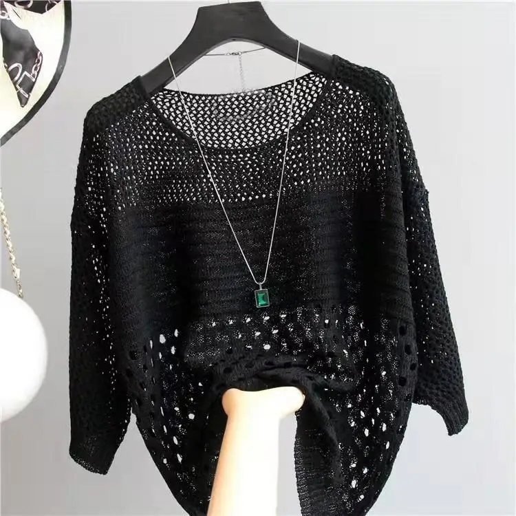 Spring and summer female Crochet round neck bat sleeve sweater jacket strand empty sun protection clothing pullover G27