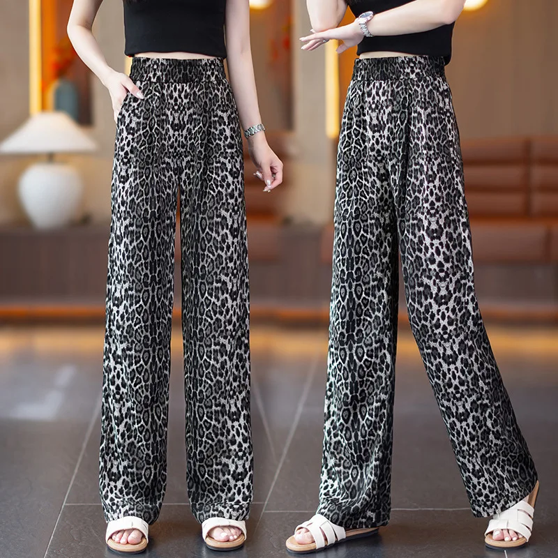 

Leopard Print Pants for Women, Summer High-Waisted Loose Slimming Comfortable Straight-Leg Casual Draped Floor-Length P