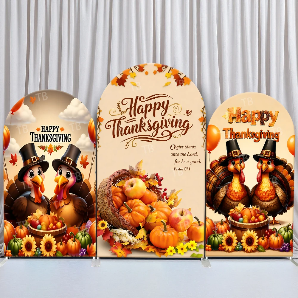 

TB Happy Thanksgiving Autumn Harves Arch Backdrop Cover Pumpkin Turkey Orange Party Decor Photo Background Props Elastic Fabric