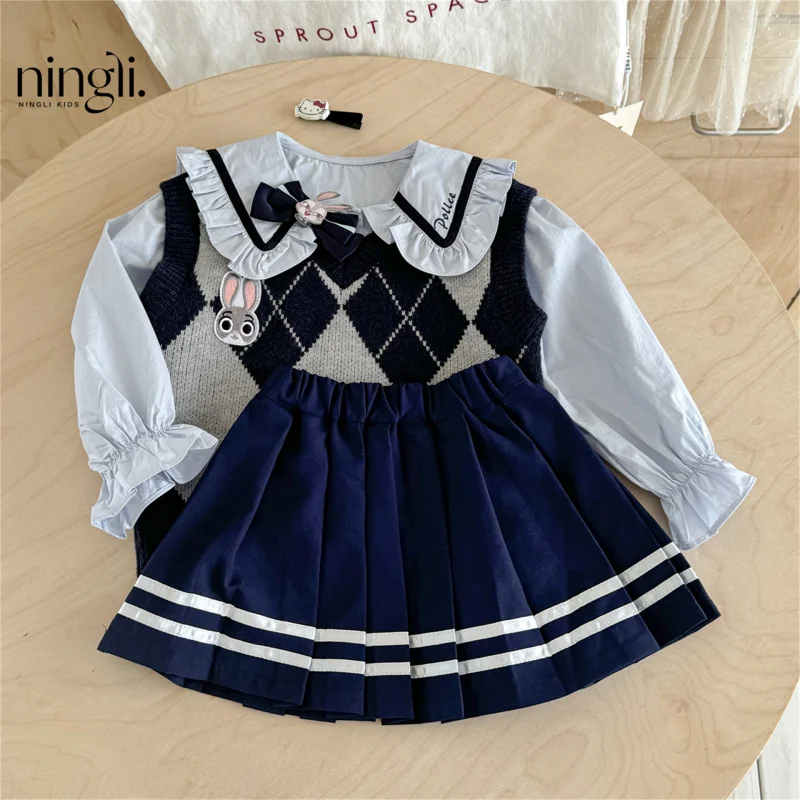 

Girls' College Style Outfit Autumn New Bunny Officer JudyjkSpring and Autumn Korean Style Little Girl Three-Piece Set