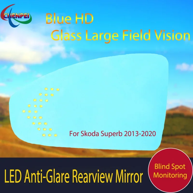 

Large View Blue Mirror Anti-Glare Electrically Heated Rearview Mirror With LED Turn Indicator For Skoda Superb 2013-2020