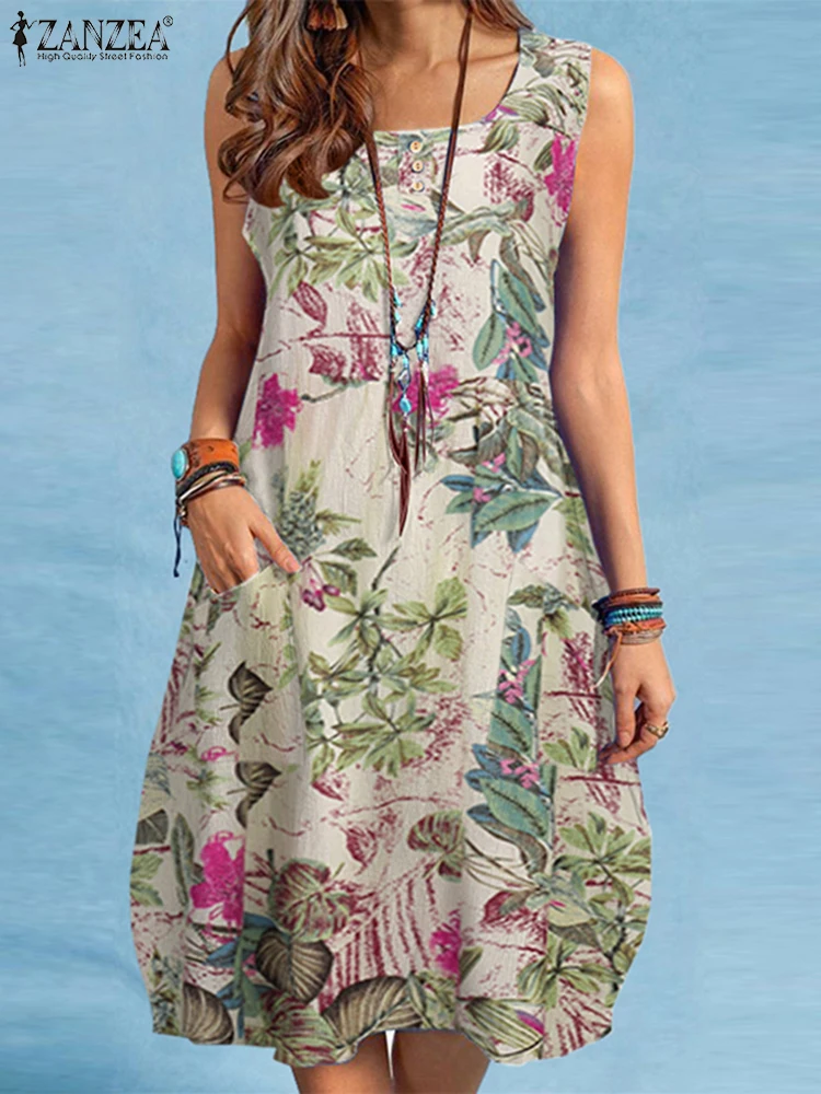 Sommer Böhmischen Strand Kleid ZANZEA Frauen Vintage Floral Bedruckte Sommerkleid Ärmellose Knie-länge Robe Urlaub Vestidos Sarafans