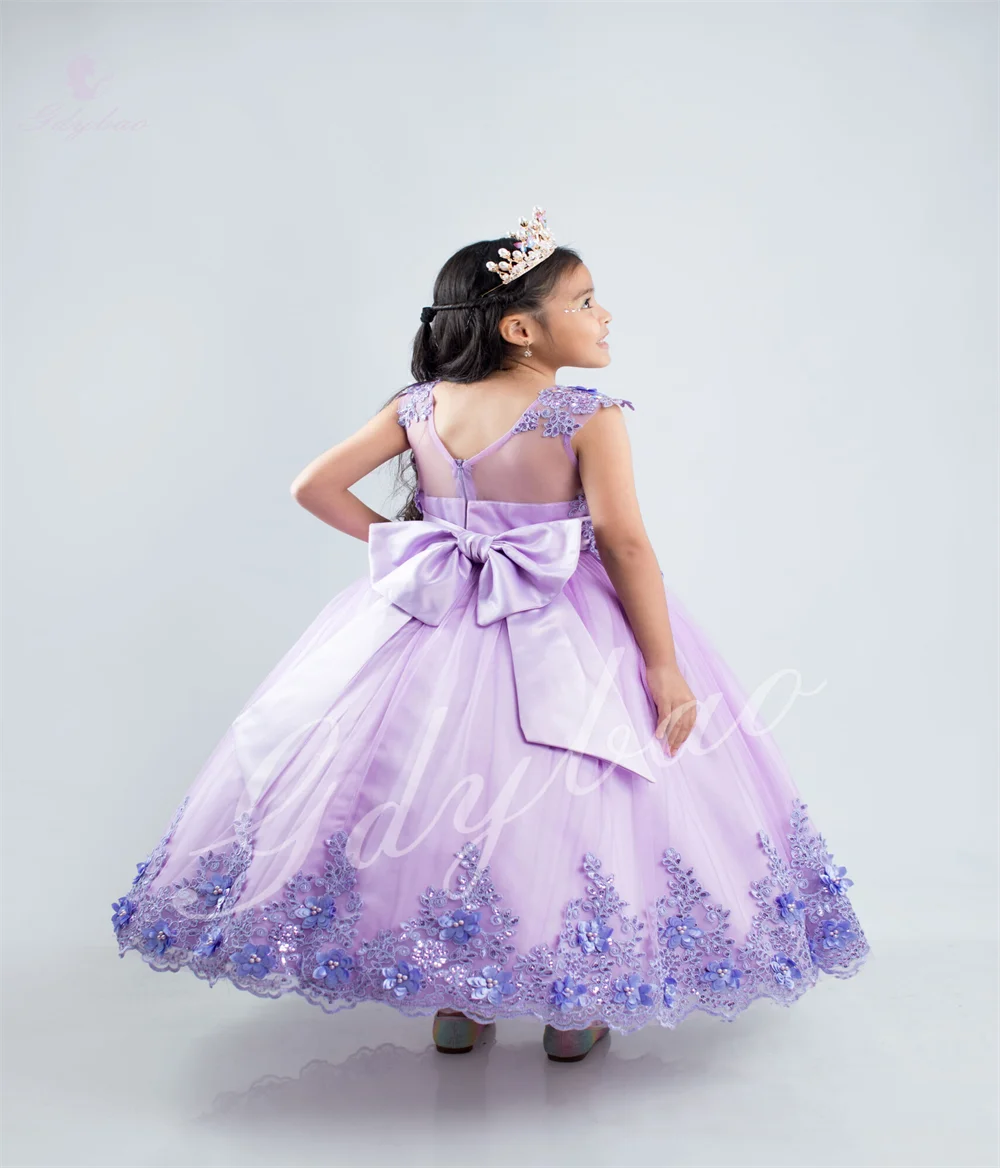 

Милое платье с цветочным узором для девочек с лавандовыми аппликациями, пушистый дизайн, подходит для детского причастия, фортепиано, соло, банкет, настраиваемый