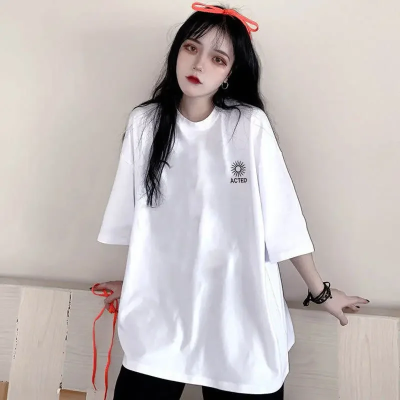 Mais tamanho pulovers t camisa moda feminina verão coreano roupas estéticas gráfico manga curta solta topos branco casual