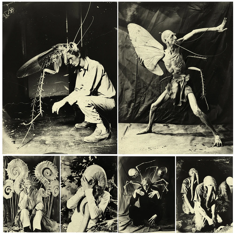 Creepy Vintage Photo,Wall Art Canvas Paitning,Humans Are Parasitized By Alien Creatures, Gothic Photography Art Print,Home Decor