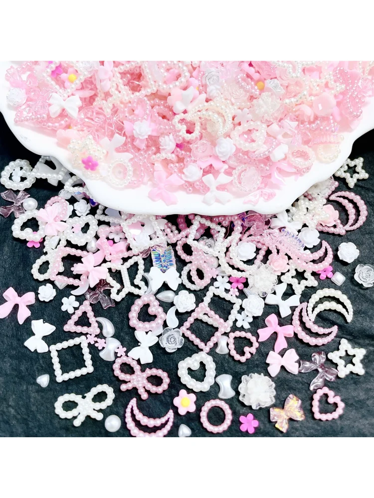 50szt 3D Kawaii Pink Mixed Ranbom Resin Nail Art Charms Cartoon Pink White Nail Rhinestones Decorations DIY Accessories Supplies — zdjęcie 2