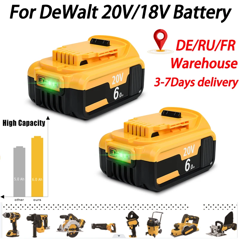 

Запасной аккумулятор для Dewalt DCB200, сменный аккумулятор, совместимый с DCB206, DCB207, DCB204, DCB203, с зарядным устройством, 20 в, 3,0 Ач/6,0 Ач/9,0 Ач