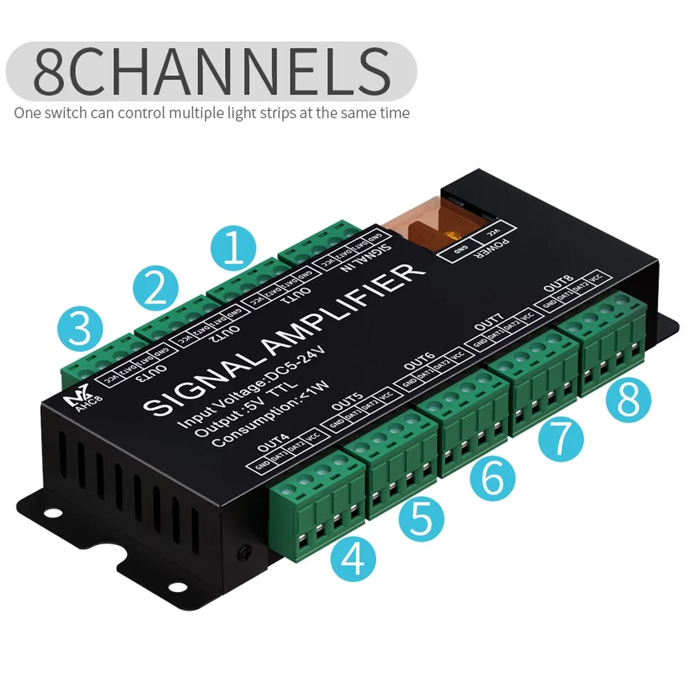 

8Channels singal LED Strip Amplifier for WS2812B/WS2811//WS2813 /WS2815/SK6812 Led Light 5V SPI TTL Signal Output, DC5-24V Input