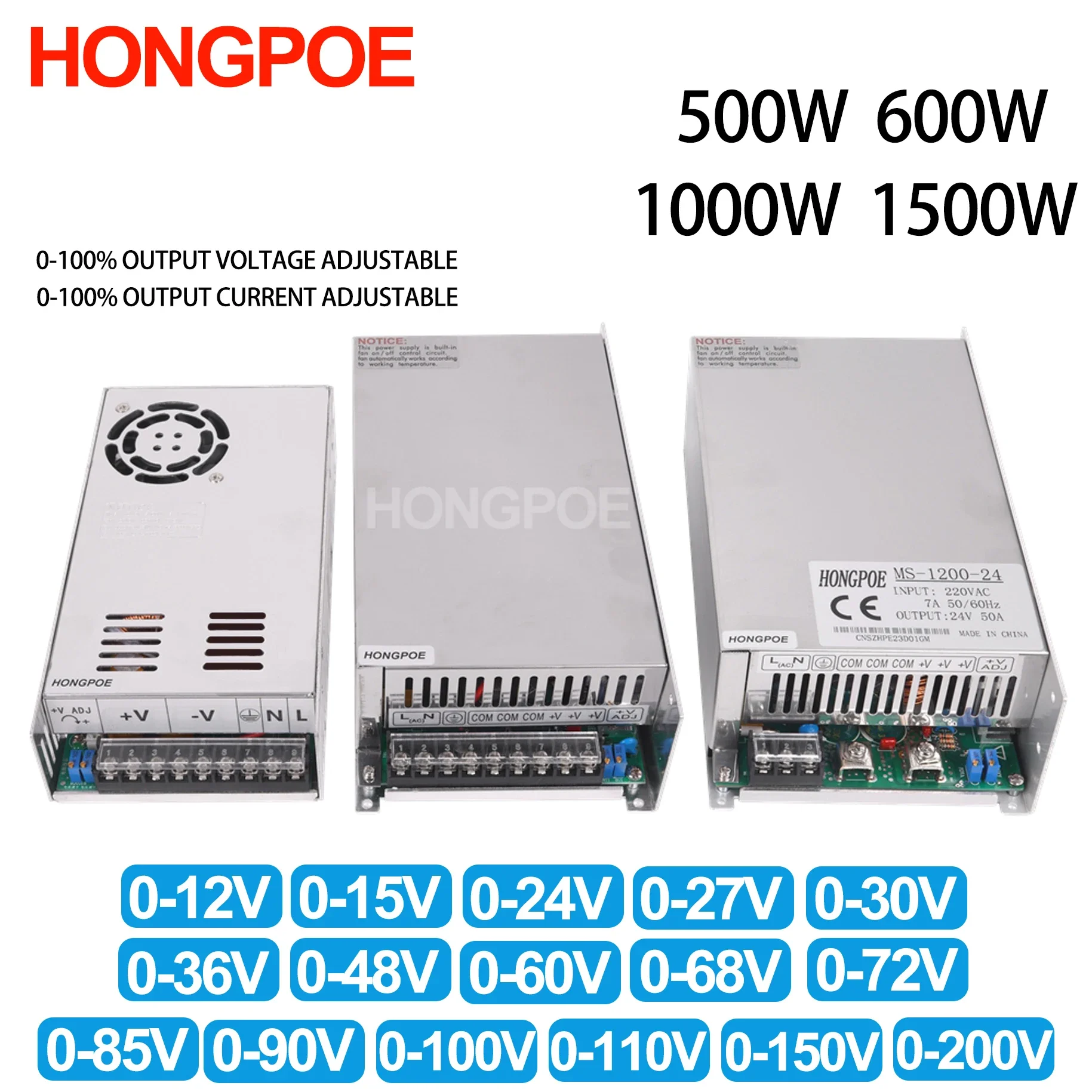 

Adjustable 500W 600W 1000W 1500W Power Supply 0-12V 15V 24V 36V 48V 60V 72V 85V 90V 110V 150V 200V 110/220V Ac To Dc Smps