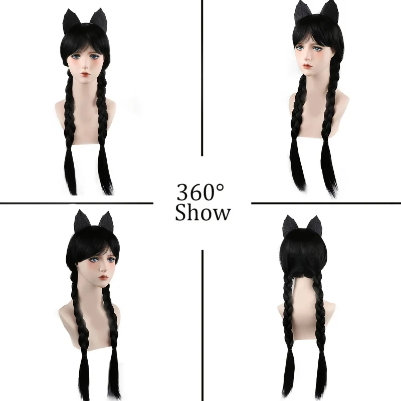 شعر مستعار الأربعاء ‌   طقم باروكة نسائية سوداء مع غرة وضفائر مزدوجة، عصابة رأس قوطية للهالوين، كوسبلاي، شعر صناعي