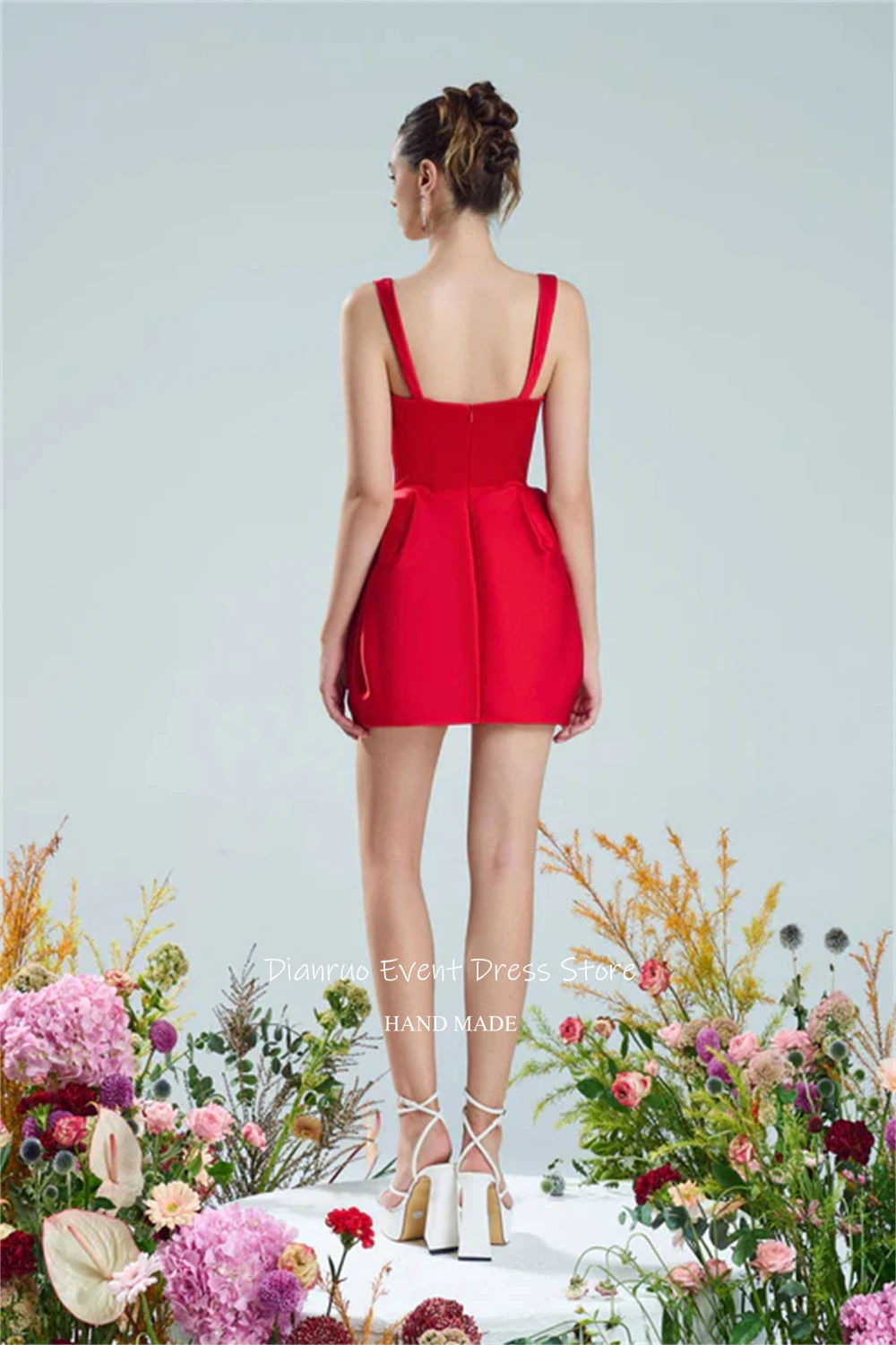 Dianruo レッドハート型ウエディングドレスミニスパゲッティストラップカクテルドレスノースリーブ恋人ホームカミングドレスカスタマイズ