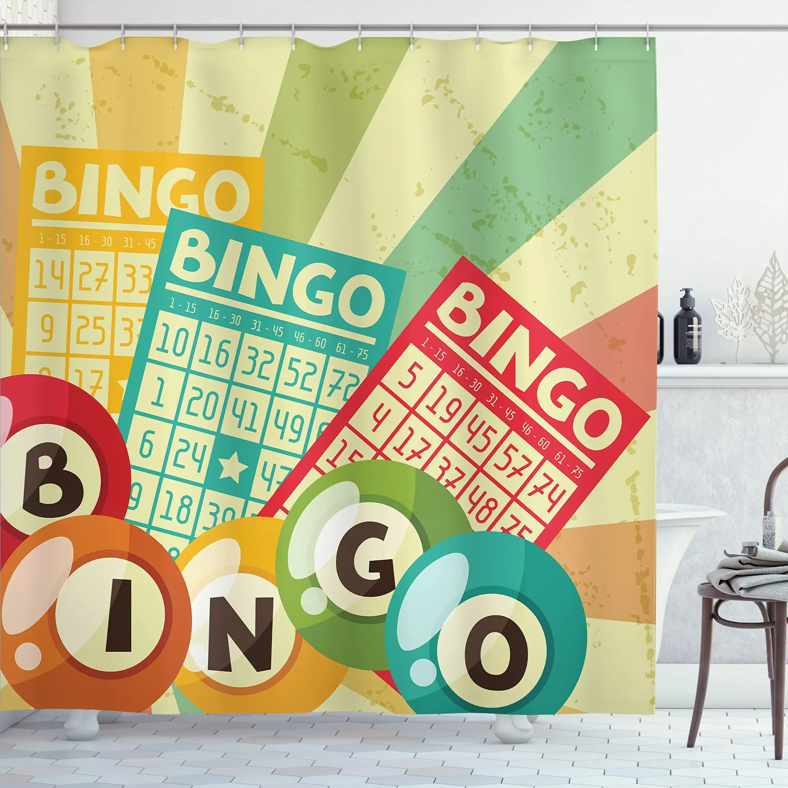 Bingo Shower Curtain,Colorful Bingo Balls on Rainbow Over Yellow Bursting Leisure Time Fun, Waterproof Fabric Bath Curtains Sets