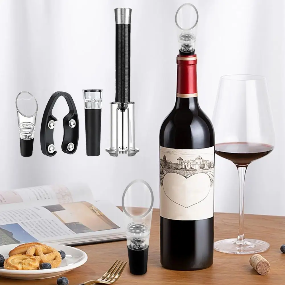 4-in-1 Wine Opener 4pcs Wine Accessories Set 4-in-1 Bottle Opener with Air Pump Foil Cutter Inflatable Pourer Vacuum Stopper Kit