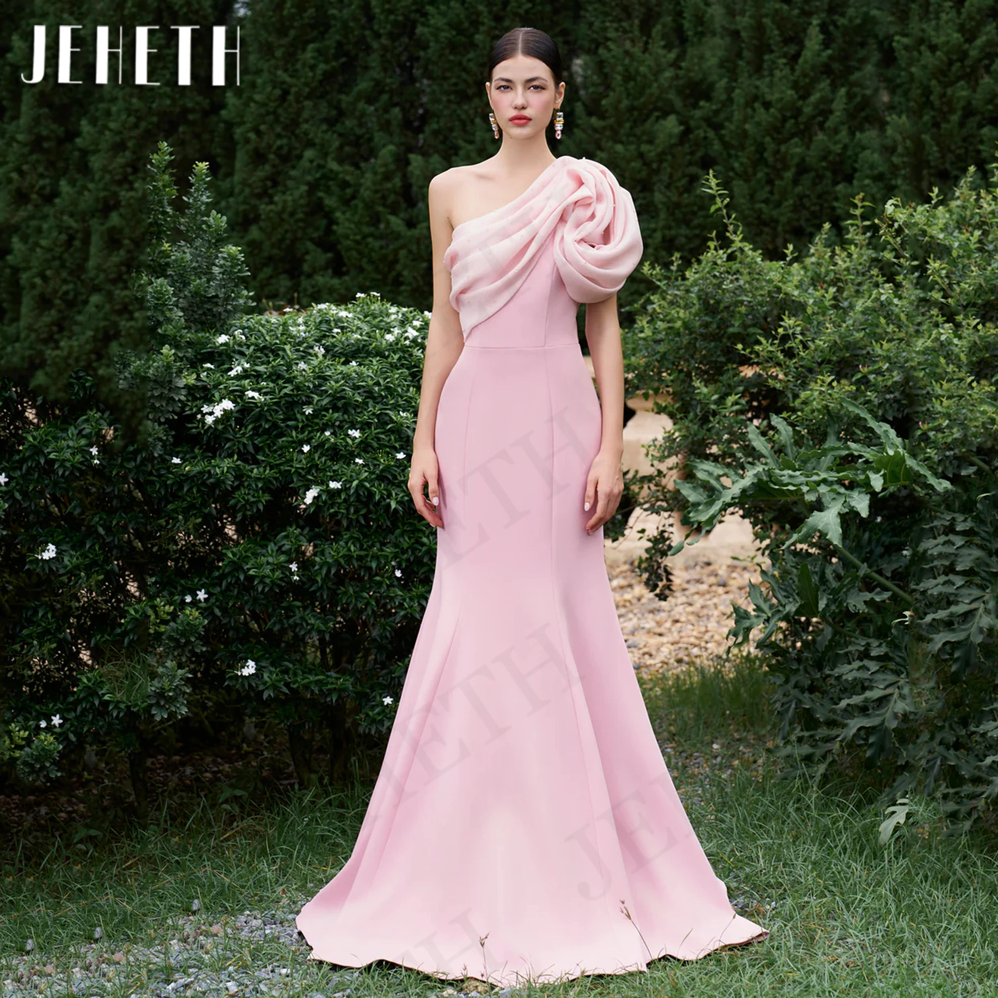 JEHETH Pink Graceful Mermaid Evening Dresses Woman Elegant One Shoulder Pleats Beading Wedding Party Dress Dubai فساتين سهرات