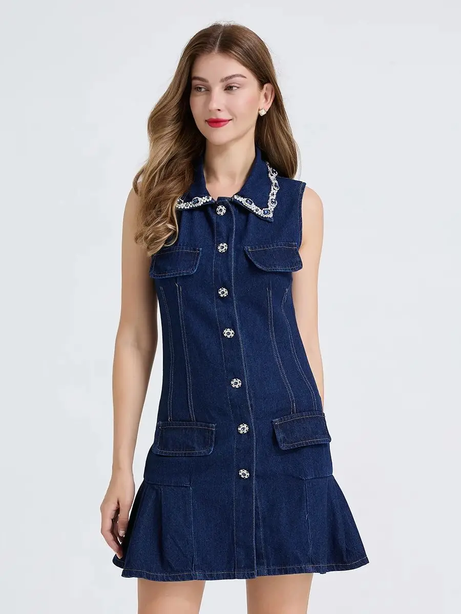 

Высококачественное темпераментное джинсовое платье-жилет, мини-платье Vestidos, осеннее новое облегающее мини-платье с лацканами и бриллиантами на шпильках из чистого хлопка