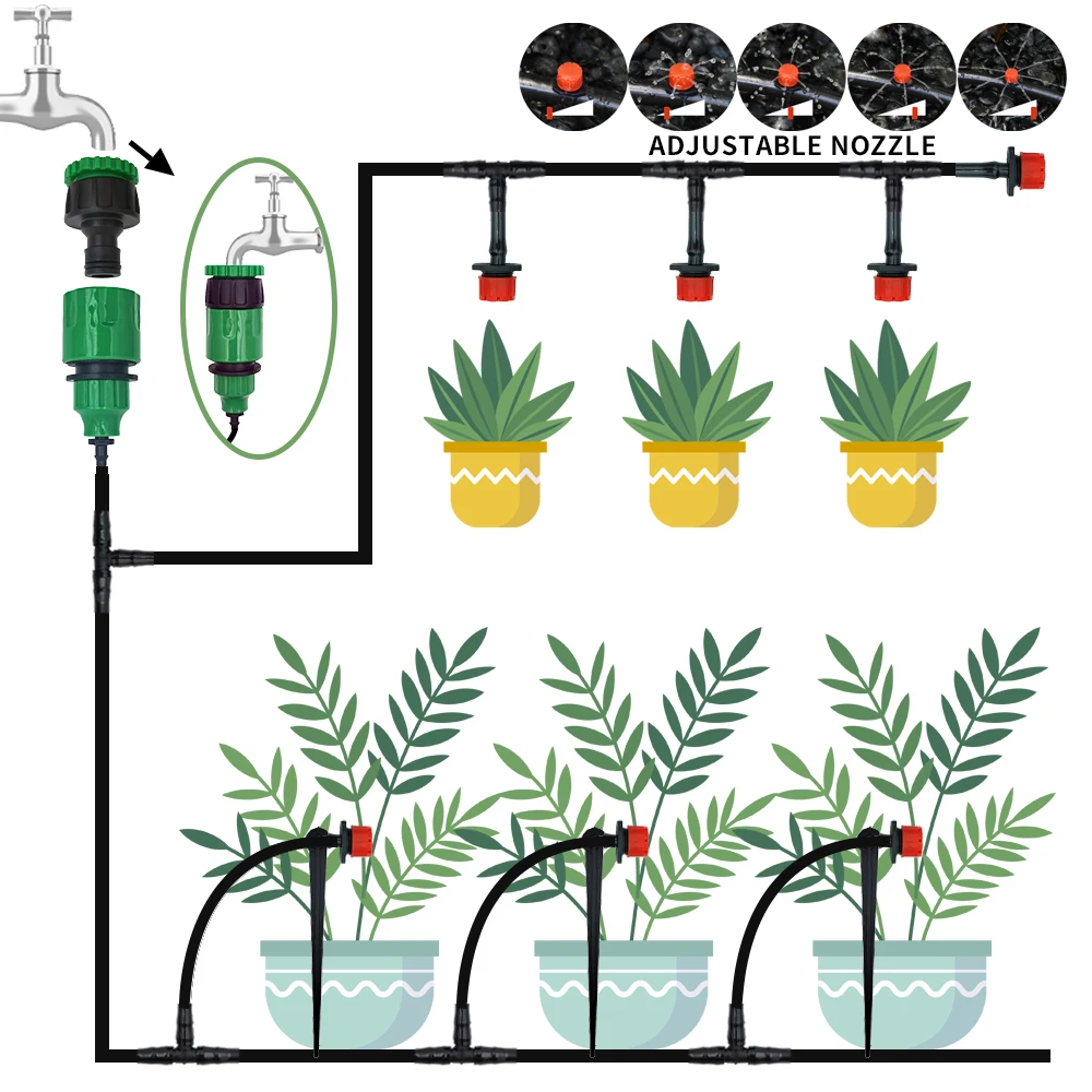 Micro Drip Irrigation System Portable 20M Automatic Watering with Adjustable Drippers Misting Watering Kits Garden Hose