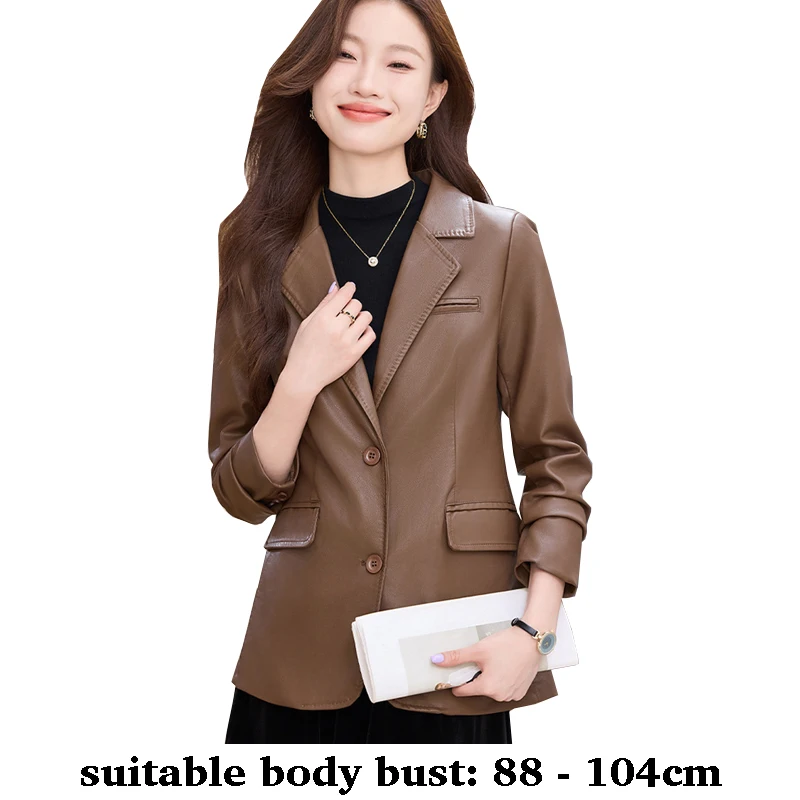 

Высококачественный кожаный длинный пиджак для женщин, однобортный пиджак с вырезом на воротнике, осень-зима 202, офисная одежда, черный, коричневый