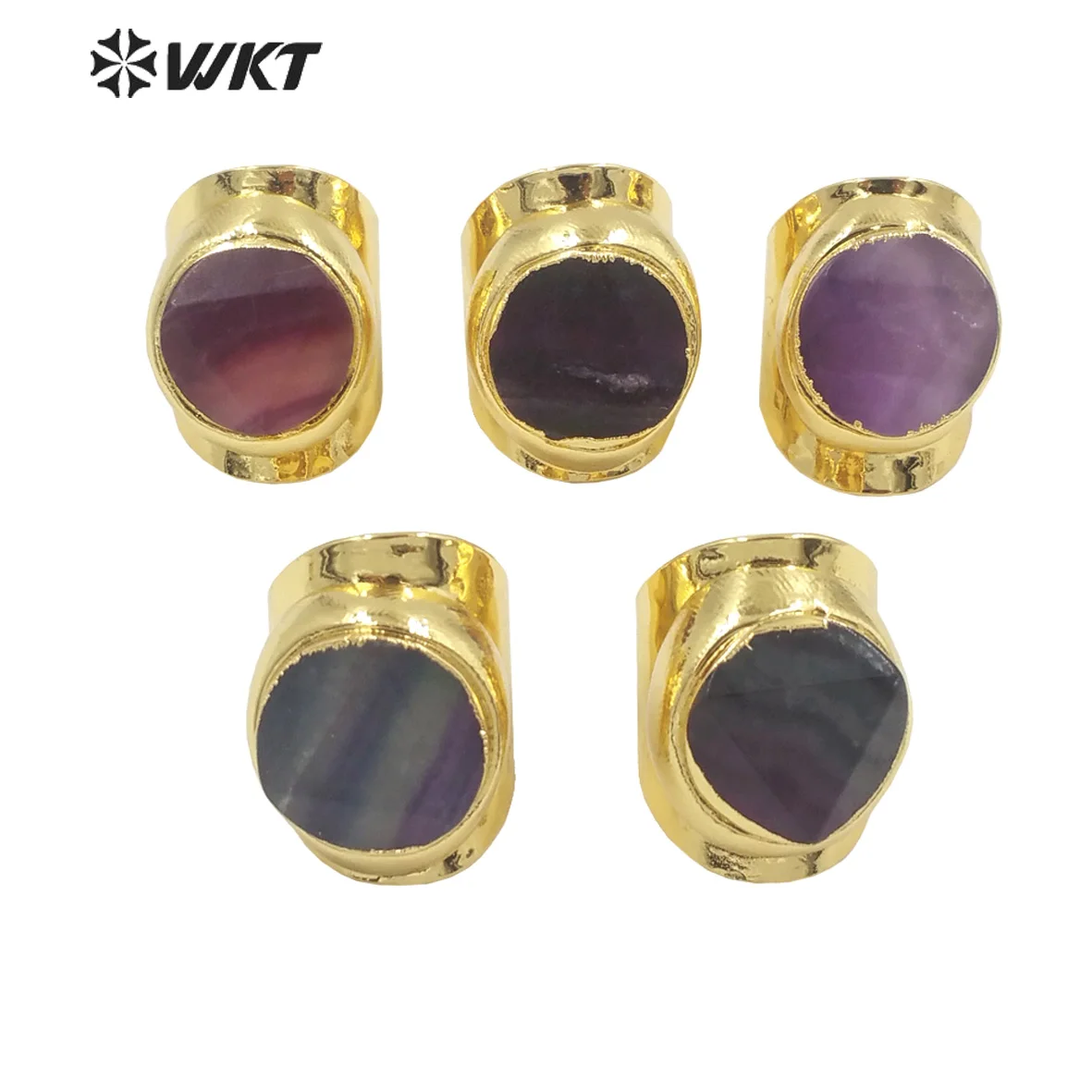 WT-R479 WKT New Fashion 18K Real Gold Plated Resist Tanishable Rainbow Natural Fluorite Stone Women Ring