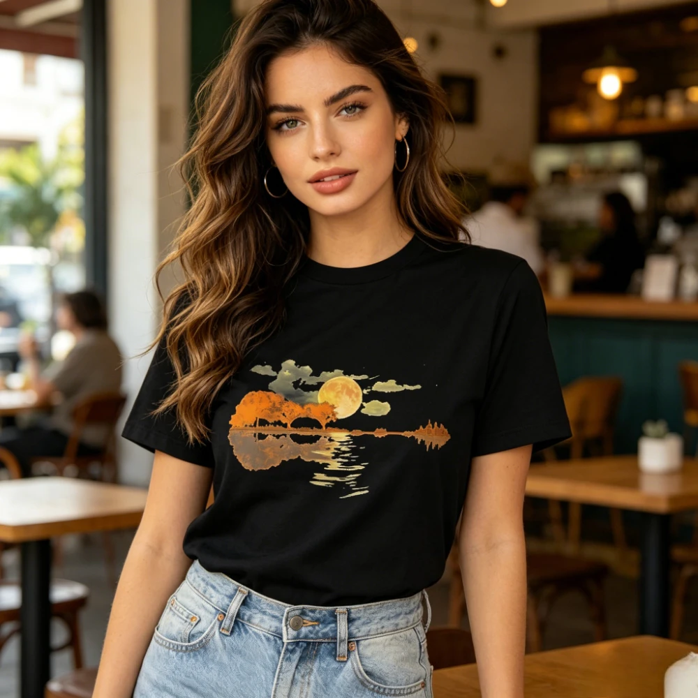 Unisex Moonlit Lake Reflection Nature Graphic T-Shirt Men Women Vintage Sunset Moon Water Art Tee Casual Cotton Short Sleeve