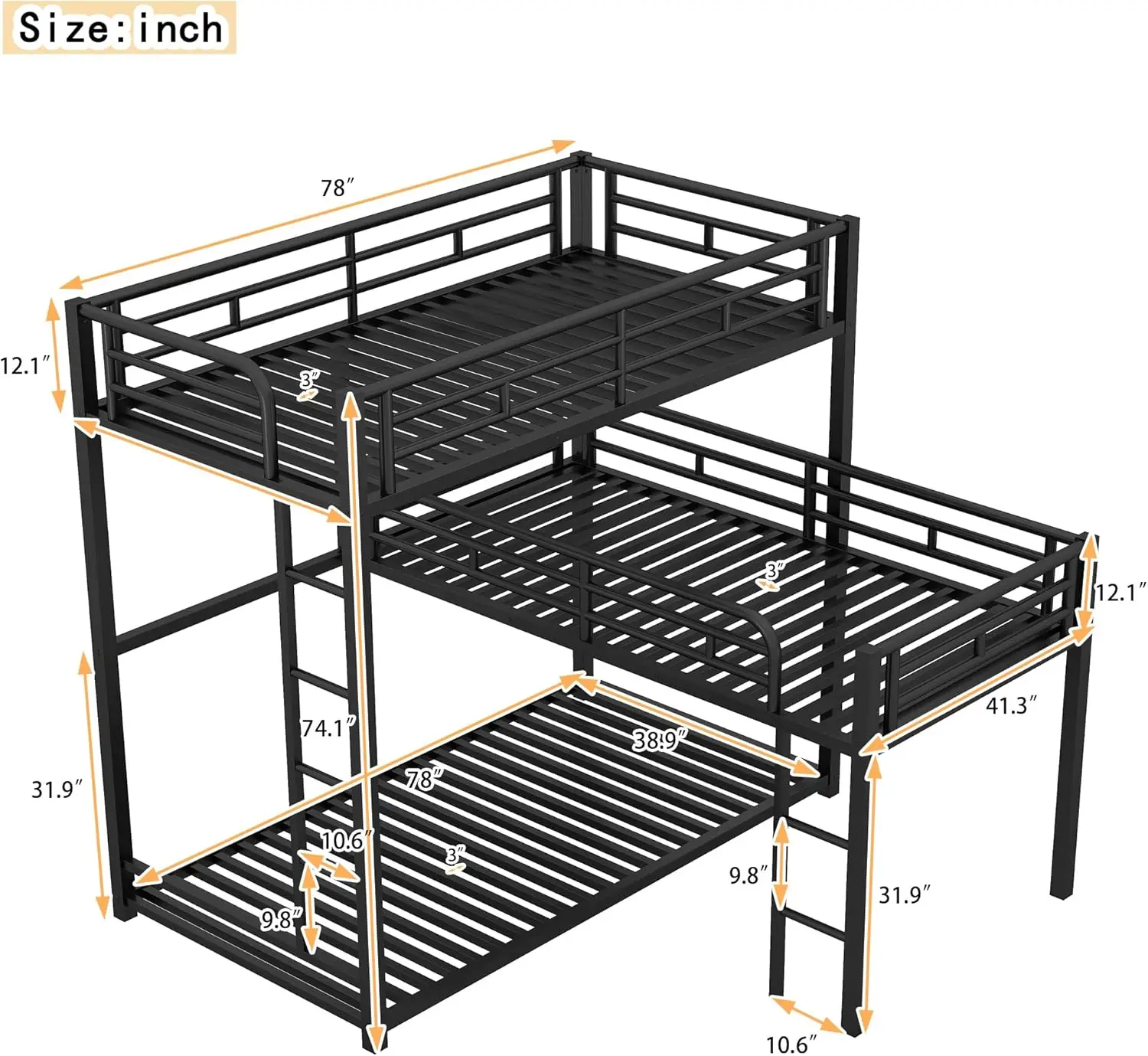 L-Shaped Triple Bunk Beds,Metal Bunk Bed&Twin Loft For 3 Kids Adults With 2 Built-In Short Ladders And Full-Length