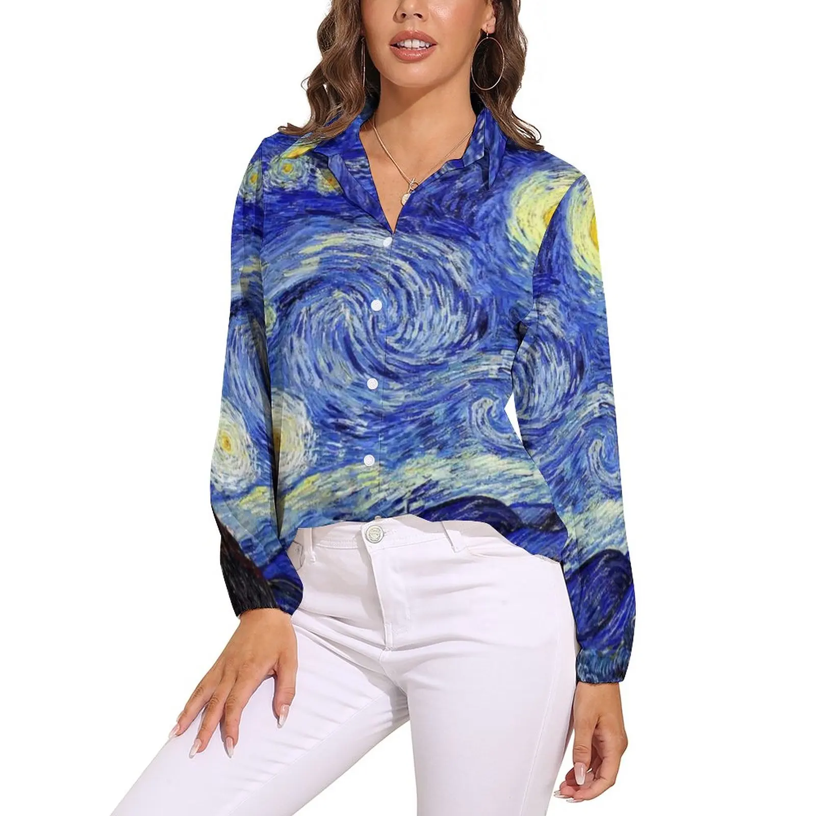 Van Gogh Inspired Loose Blouse Classic Starry Night Classic Oversized Blouses Women Long-Sleeve Office Shirt Autumn Custom Top