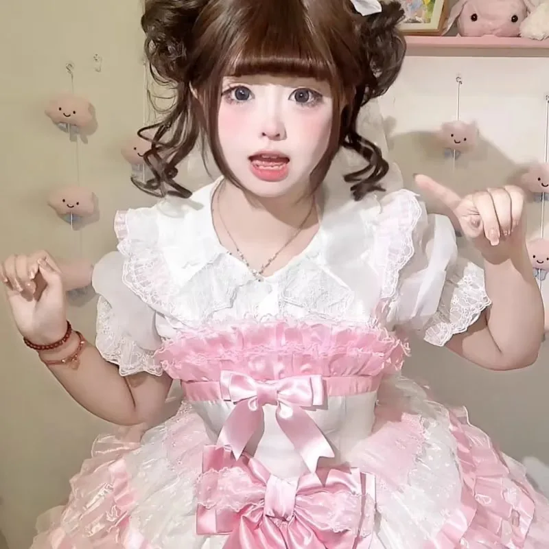 Japonês gola de boneca doce lolita rendas retalhos blusas verão feminino harajuku camisas de manga alargamento feminino jk único breasted topos