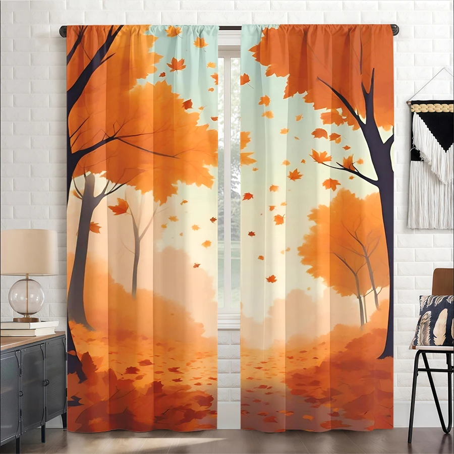 2PCS Digital Print Curtain, Autumn Forest Path Flat Illustration, Fall Nature Scenic Trail Style for Living Room Bedroom Decor