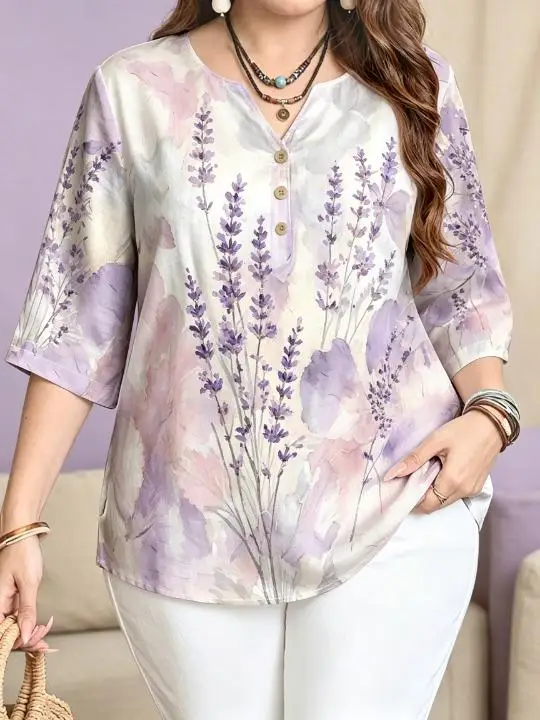 Women 3/4 Sleeve V‑Neck Blouse Button Watercolor Hydrangea Lavender Tropical Leaf Floral Print Casual Ladies Tops