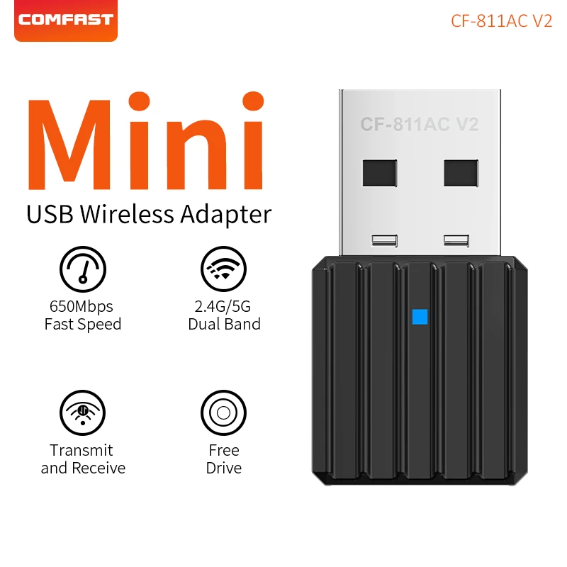 

Mini WiFi Adapter USB2.0 650Mbps Wireless Network Card Drive-Free External Antenna Dual Band Transceiver For Win10/11 CF-811ACV2